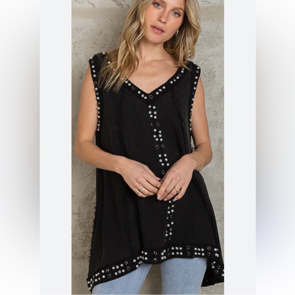 POL Black Embellished Boho V-Neck Tunic Swim Cover Up Size Medium
